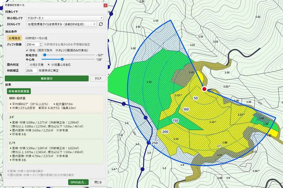 集材圏の抽出(ライブ円・扇形の除地・距離リング)