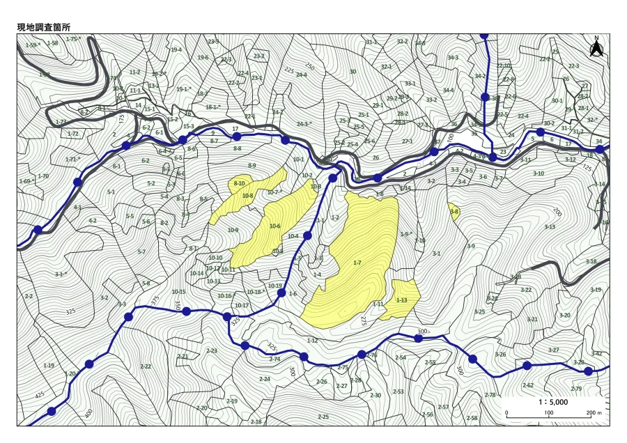 選択中の小班を反映した印刷結果(A4横のPDF・用紙いっぱいに地図を配置)